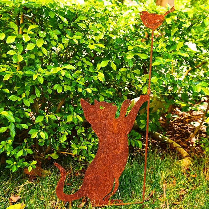 27.17” Metal Cat and Bird Silhouette Stake - Rustic Garden Statue, Outdoor Yard Decoration, Cat Lover’s Gift, Weather-Resistant Garden Ornament