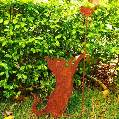 27.17” Metal Cat and Bird Silhouette Stake - Rustic Garden Statue, Outdoor Yard Decoration, Cat Lover’s Gift, Weather-Resistant Garden Ornament