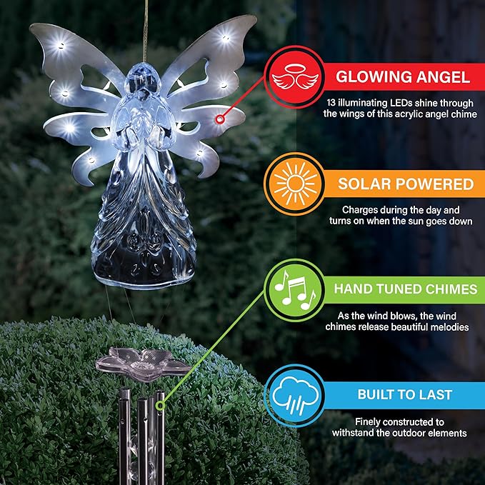 Exhart Wind Chimes, Solar Angel Wind Chime with Metal Wings, 13 LED Firefly Lights, White Acrylic Large Lawn and Yard Decoration, 6.5 x 4 x 42 Inch