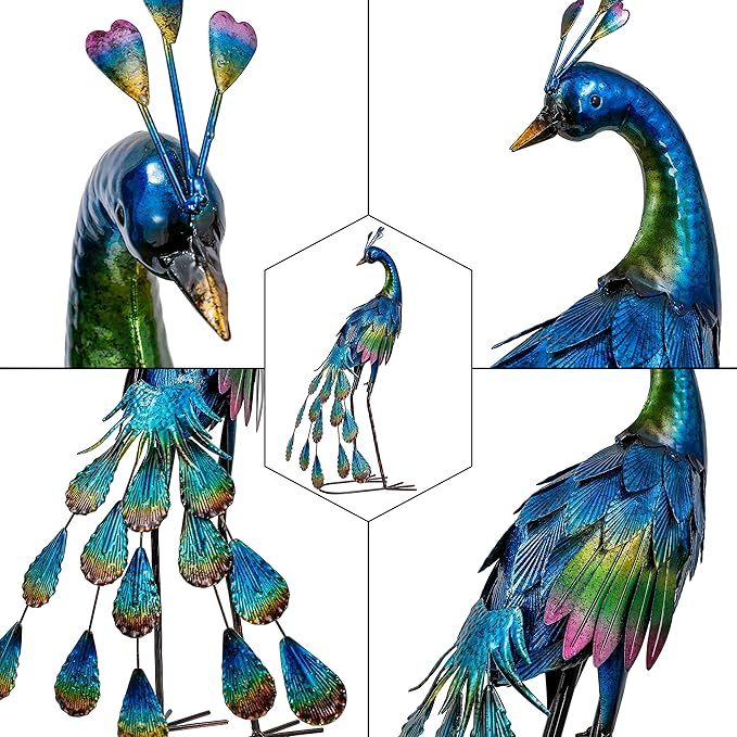 TERESA'S COLLECTIONS Garden Decor, Peacock Garden Decor, Elegant Peacock with Colorful Painting,18", Waterproof Metal Garden Statues, Peacock Gifts, Birthday Gifts for Women Mom