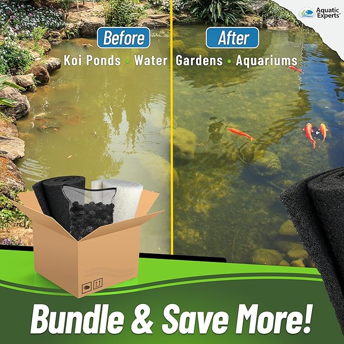 Aquatic Experts Koi Pond Filter Pad Bundle with Bio Balls – White Fine 12" x 72" + Black Coarse 12" x 72" Pads & 300 Count Bio Balls, Reusable Pond Filter Media