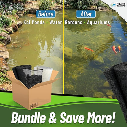 Aquatic Experts Koi Pond Filter Pad Bundle with Bio Balls – White Fine 12" x 72" + Black Coarse 12" x 72" Pads & 300 Count Bio Balls, Reusable Pond Filter Media