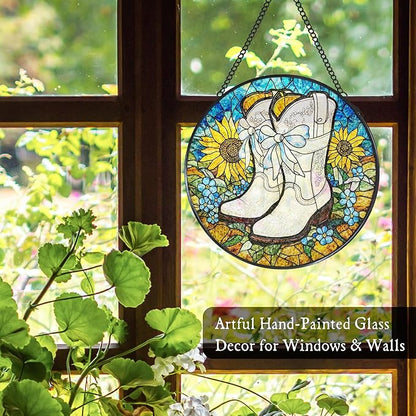 Western Cowboy Boots Sunflower Stained Glass Window Hanging Suncatcher, Western Cowgirl Sun Catcher Decor for Home Window Garden, Country Painted Glass Wall Hanging Decorations 7.8x7.8 in