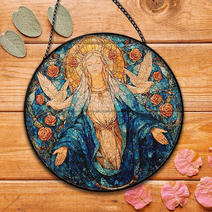 Virgin Christian Mary Suncatcher Stained Glass Window Hanging, Our Lady of Grace Sun Catchers Indoor Window Glass Round Wall Decor, Religious Flower Wall Art Hanging Decorations, ＂7.8x7.8＂