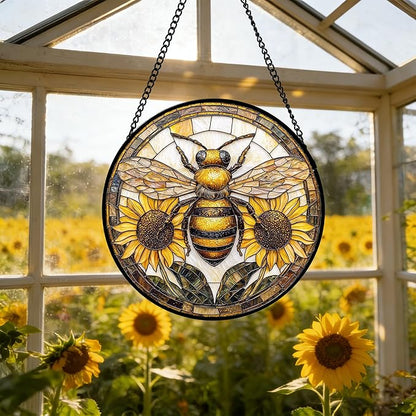 DASTOLL Stained Glass Window Hanging - Bee Sunflower Yellow Suncatcher Ready to Hang Window Doors Home Decoration and Christmas, Mother's Day Birthday Gifts for Women, Men, and Mom 6.3x6.3 in