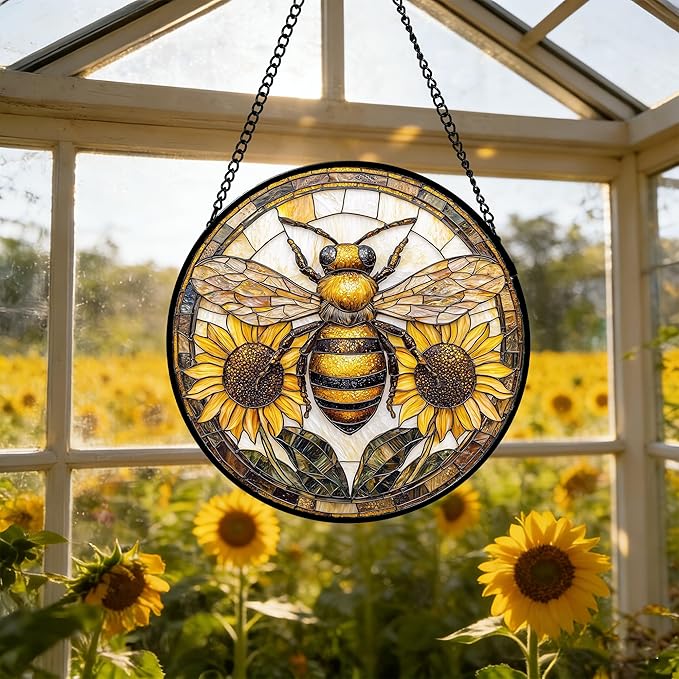 DASTOLL Stained Glass Window Hanging - Bee Sunflower Yellow Suncatcher Ready to Hang Window Doors Home Decoration and Christmas, Mother's Day Birthday Gifts for Women, Men, and Mom 9.8x9.8 in