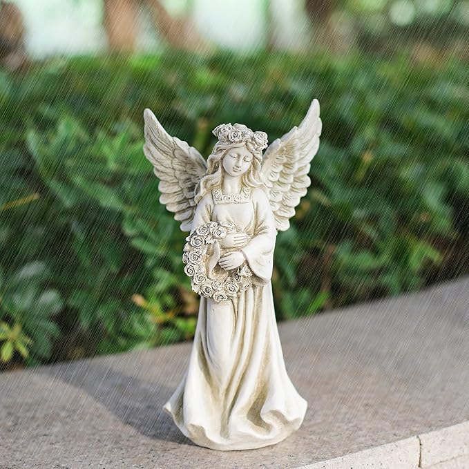Angel Garden Statue Holding a Floral Wreath, Memorial Figurine for Patio, Lawn, Yard, Sympathy Gift Cemetery Grave, Ployresin 11.8 inch