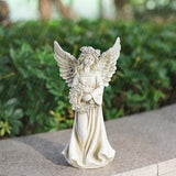 Angel Garden Statue Holding a Floral Wreath, Memorial Figurine for Patio, Lawn, Yard, Sympathy Gift Cemetery Grave, Ployresin 11.8 inch