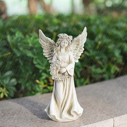 Angel Garden Statue Holding a Floral Wreath, Memorial Figurine for Patio, Lawn, Yard, Sympathy Gift Cemetery Grave, Ployresin 11.8 inch