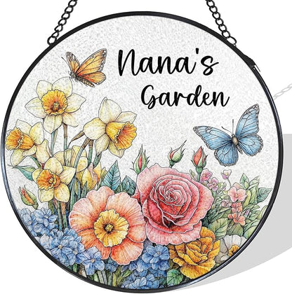 Nana's Garden Gifts Stained Glass Suncatcher for Grandma from Grandkids, Nana Grandma Gifts Window Hanging Wall Art Decoration for Mothers Day Christmas Birthday, 7.8 x 7.8 in