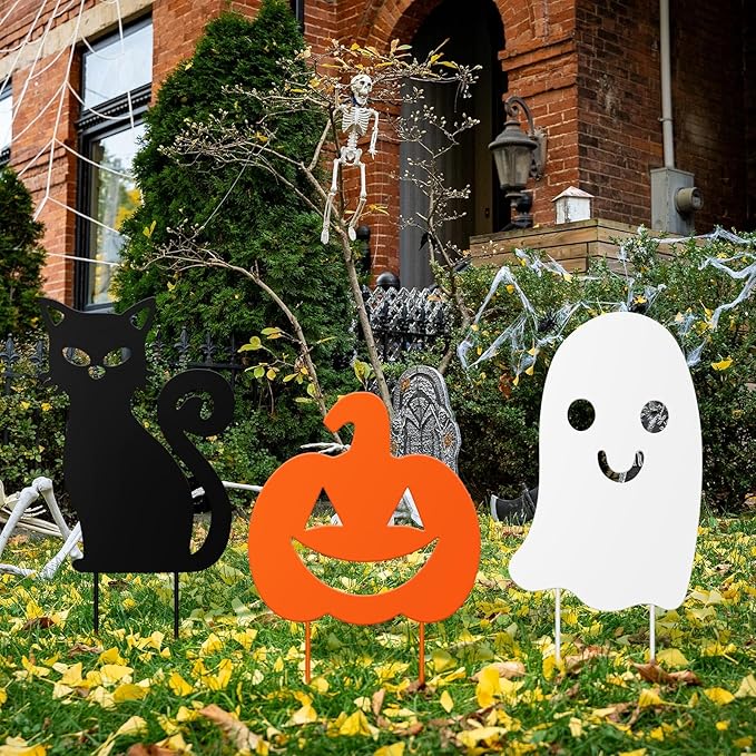 3 Pack Halloween Decorations Outdoor Metal Halloween Garden Stakes Metal Ghost Pumpkins Black Cat Yard Signs Decor for Outside Garden Lawn Porch Patio Party Decorations(Mixed Style)
