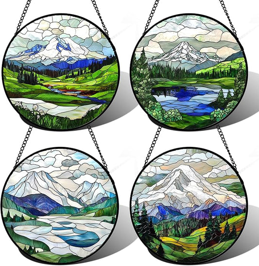 DASTOLL Stained Glass Window Hanging 4 Pcs Set Mountains Lake Green White Landscape Large 15" - Suncatcher Door Garden Sun Catcher Decor Birthday Christmas for Mom Woman Nana Men