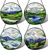 DASTOLL Stained Glass Window Hanging 4 Pcs Set Mountains Lake Green White Landscape 9.8" - Suncatcher Door Garden Sun Catcher Decor Birthday Christmas for Mom Woman Nana Men