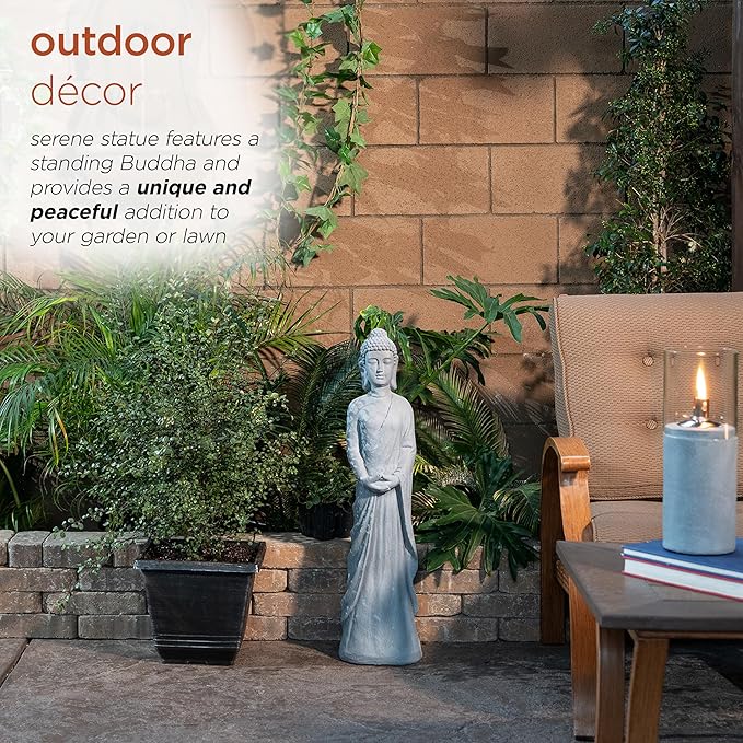 Alpine Corporation 32" Tall Cement Standing Buddha Outdoor Garden Statue, Gray
