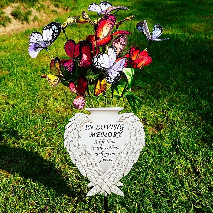 Solar Angel Wing Memorial Stake - Metal Silhouette Grave Decorations for Cemetery - Flat Outdoor Sympathy Gift with Butterfly Lights & Flowers - Bereavement Decor for Loss of Mom Dad（with Flowers))