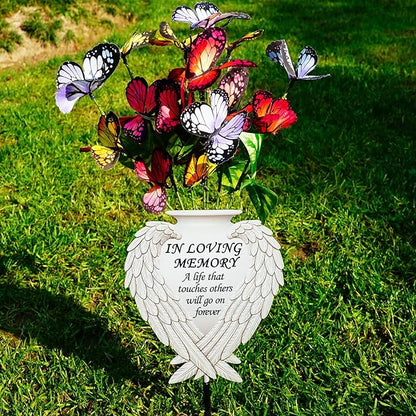 Solar Angel Wing Memorial Stake - Metal Silhouette Grave Decorations for Cemetery - Flat Outdoor Sympathy Gift with Butterfly Lights & Flowers - Bereavement Decor for Loss of Mom Dad（with Flowers))