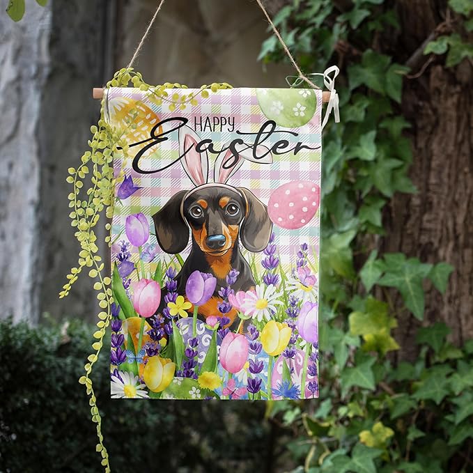 Happy Easter Dog Garden Flag Dachshund Spring Flags Buffalo Plaid Bunny Eggs Yard Flag for Outside 12x18 Double Sided Small Decorative Floral Outdoor Flag