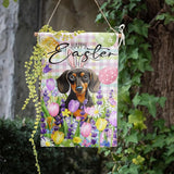 Happy Easter Dog Garden Flag Dachshund Spring Flags Buffalo Plaid Bunny Eggs Yard Flag for Outside 12x18 Double Sided Small Decorative Floral Outdoor Flag