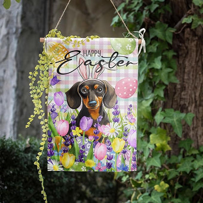 Happy Easter Dog Garden Flag Dachshund Spring Flags Buffalo Plaid Bunny Eggs Yard Flag for Outside 12x18 Double Sided Small Decorative Floral Outdoor Flag