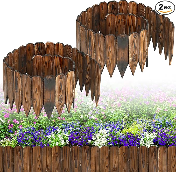 Rustic Pine Wood Garden Fence - 13.2ft Total Length (2pcs 6.6ft L*12in H) Easy to Install Sturdy Wooden Landscape Edging Border, No Fading Planter Fencing for Yard Flower Bed Lawns Pathway Tree