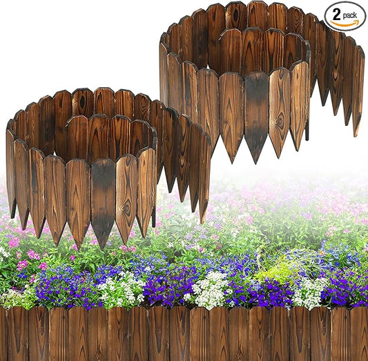 Rustic Pine Wood Garden Fence - 13.2ft Total Length (2pcs 6.6ft L*12in H) Easy to Install Sturdy Wooden Landscape Edging Border, No Fading Planter Fencing for Yard Flower Bed Lawns Pathway Tree