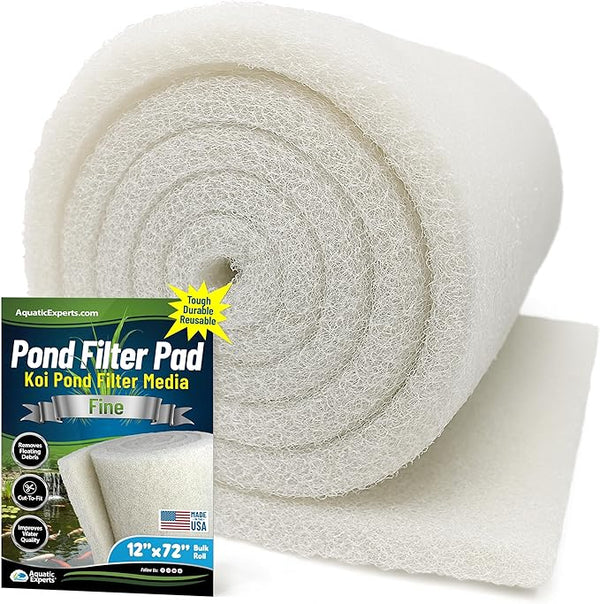 Classic Koi Pond Filter Pad FINE - White Bulk Roll Pond Filter Media, Ultra-Durable Pond Filters for Outdoor Ponds, Reusable Fish Pond Filter Material, USA, Aquatic Experts (3/4" - 1" x 12" x 72")