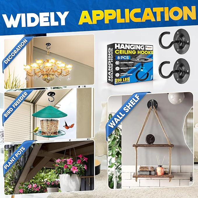 [UPGRADED] 200LBS 8Pcs Round Ceiling Hooks with Firmly Rotatable Button, Black Wall Mount Metal Hangers for Hanging Hanging Plants, Bird Feeder, Lantern, Lights, Wind Chime, Indoor Outdoor Decor