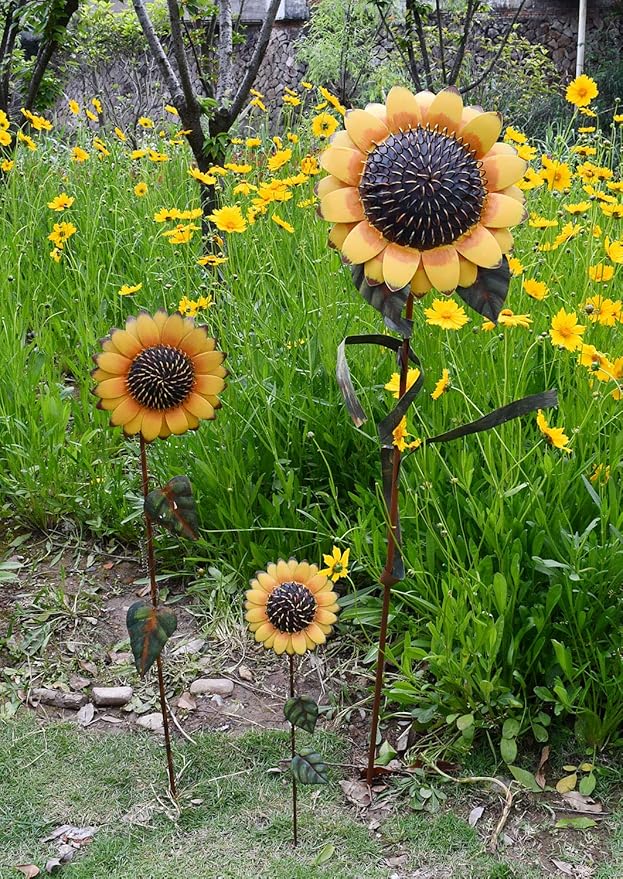 Y&K Decor Metal Sunflower Garden Stake Large Flower Yard Stake Decoration (48'')