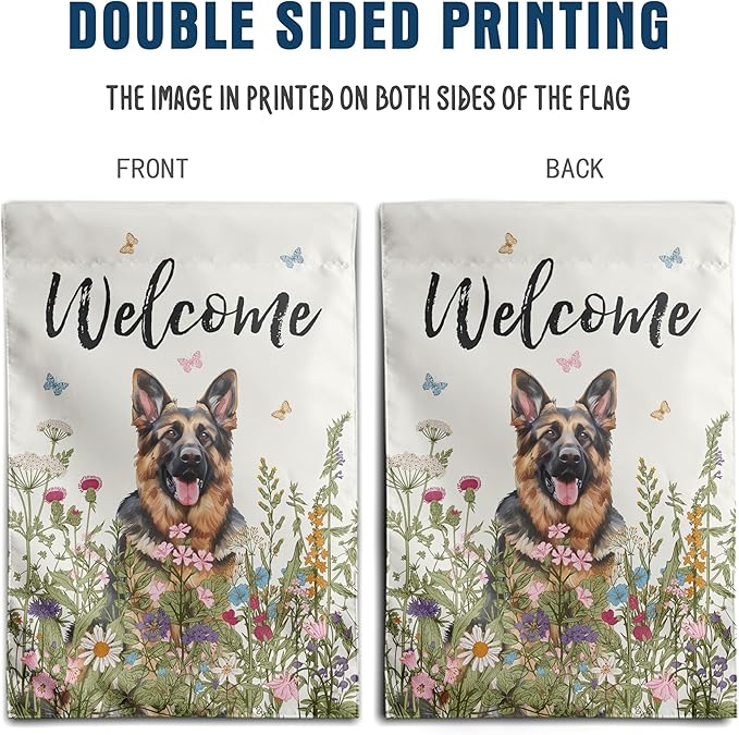 Floral German Shepherd Garden Flag Spring Summer House Flags 28 x 40 Double Sided Flower Dog Yard Flags for Outside Large Outdoor Welcome Flags