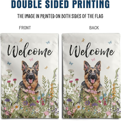 Floral German Shepherd Garden Flag Spring Summer House Flags 28 x 40 Double Sided Flower Dog Yard Flags for Outside Large Outdoor Welcome Flags