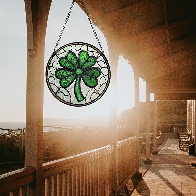 Stained Glass Window Hanging Green Lucky Clover Large 11.8" - Suncatcher Door Garden Sun Catcher Irish Decoration Birthday Christmas St. Patrick's for Mom Men Woman Nana