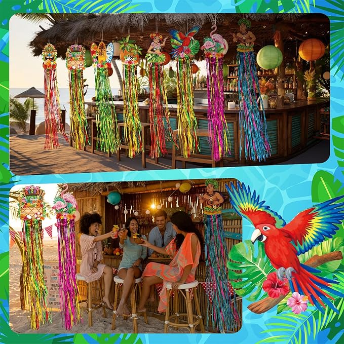 Affrolling 8 Pcs Hawaiian Luau Party Decoration Tropical Tiki Aloha Flamingo Decorations with Tassels for Hawaii Luau Tropical Birthday Party Supplies 3.3 ft Outdoor Summer Door Banner Sign Decor