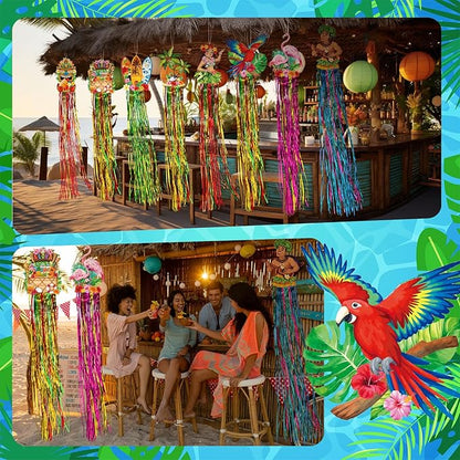 Affrolling 8 Pcs Hawaiian Luau Party Decoration Tropical Tiki Aloha Flamingo Decorations with Tassels for Hawaii Luau Tropical Birthday Party Supplies 3.3 ft Outdoor Summer Door Banner Sign Decor
