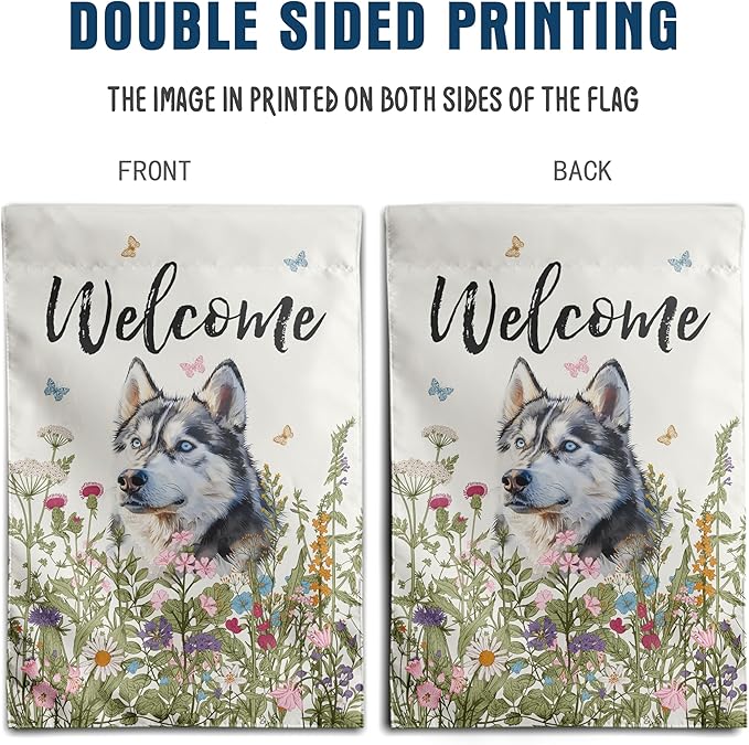 Spring Summer Garden Flag Floral Husky Yard Flag Flower Dog Garden Flags for Outside Small Outdoor Welcome Flags 12x18 Double Sided