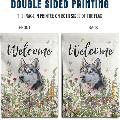 Floral Husky Terrier Garden Flag Spring Summer House Flags 28 x 40 Double Sided Flower Dog Yard Flags for Outside Large Outdoor Welcome Flags