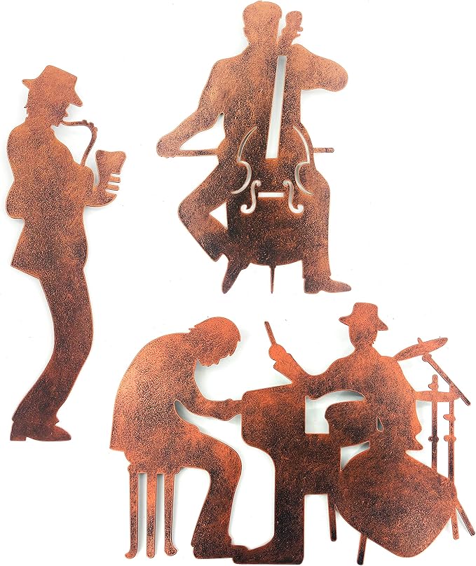 J-Fly Music Art Wall Decor Jazz Decoration Cowboy Metal Wall Art Rustic Indoor and Valentine Home Decor With Saxophone Cello Drum Kit And Piano,Brown