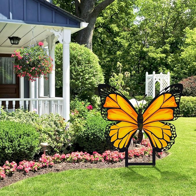 1 Pcs Spring Metal Butterfly Garden Stakes Decor 16.5 Inch Decorative Yellow Butterfly Yard Stake Outdoor Insect Decor Metal Garden Art Ornaments for Patio Porch Lawn Backyard