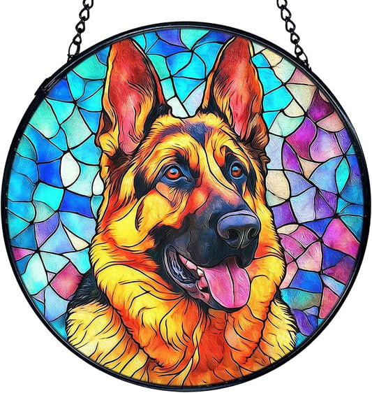 TNUW German Shepherd Dog Stained Glass Window Hanging, German Shepherd Gifts Sun Catchers Indoor Window Glass Round Wall Art Decor, Dog Wall Hanging Decorations, 7.9＂x7.9＂