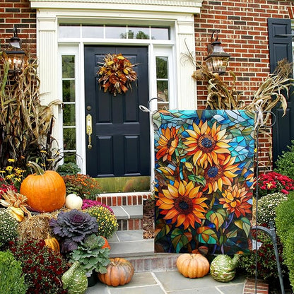 Fall Sunflower Garden Flag Autumn House Flags 28x40 Double Sided Large Thanksgiving Outdoor Flag for Outside Stained Glass Floral Yard Flags Fall Porch Lawn Flags Decorative