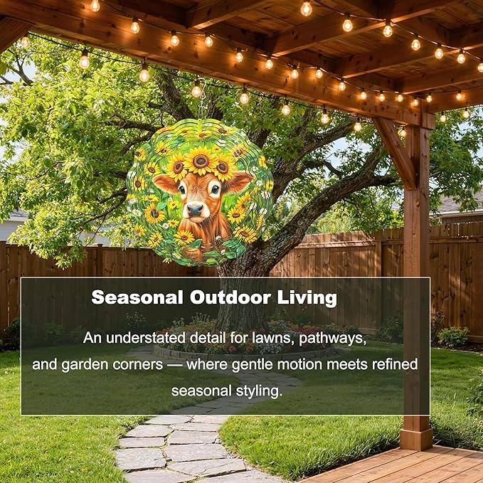 10x10 Inch Wind Spinner Outdoor Hanging Cute Calf Sunflower Daisy Meadow Metal Kinetic Spiral Ornament for Yard Garden Patio Porch Balcony Tree Window Decor Gift