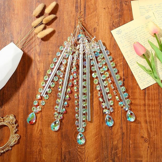 Crystal Wind Chimes - Glass Wind Chimes for Outside, Outdoor Crystal Suncatcher with Tuned Tubes, Reflective Windchimes Outdoors Unique, Hanging Prism Rainbow Maker Chandelier Home Decor Gift