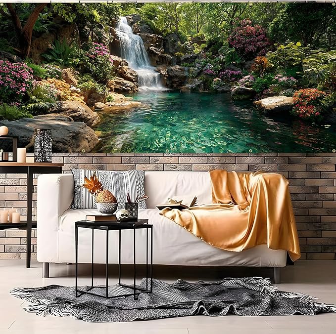Garage door banner cover, 6x13 ft beautiful waterfall and pond background, Large Outdoor Backyard Landscape Decoration (Waterfall Pond)