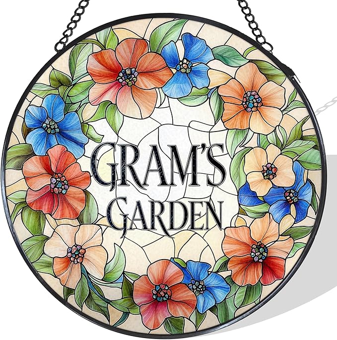 Gram's Garden Floral Stained Glass Window Hanging Suncatcher for Grandma, Gram Grandma Gifts Sun Catcher Wall Hanging Decoration for for Mothers Day Christmas Birthday, 7.8 x 7.8 in