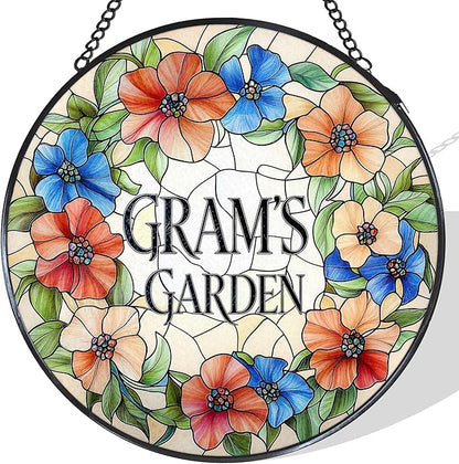 Gram's Garden Floral Stained Glass Window Hanging Suncatcher for Grandma, Gram Grandma Gifts Sun Catcher Wall Hanging Decoration for for Mothers Day Christmas Birthday, 7.8 x 7.8 in