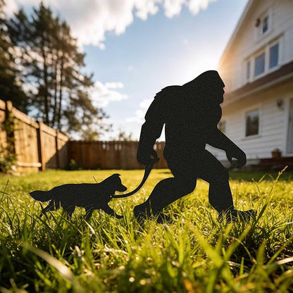 Bigfoot Garden Stake – Metal Sasquatch Statue Walking Border Collie Dog on Leash – Funny Bigfoot Yard Decor, Outdoor Metal Yard Art, Sasquatch Sign for Garden & Lawn