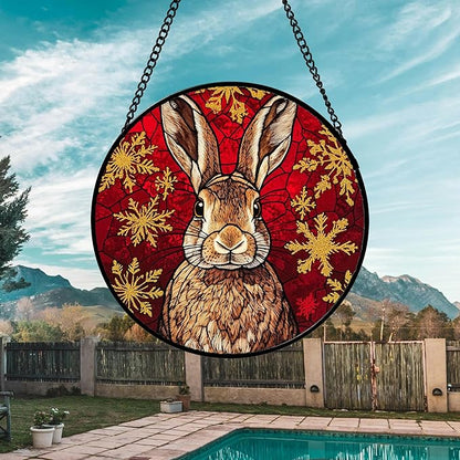 DASTOLL Stained Glass Window Hanging 4 Pcs Set Red Golden Snowflakes 7.8" - Christmas Elk Rabbit Suncatcher Door Garden Sun Catcher Decor Birthday for Mom Woman Nana Men