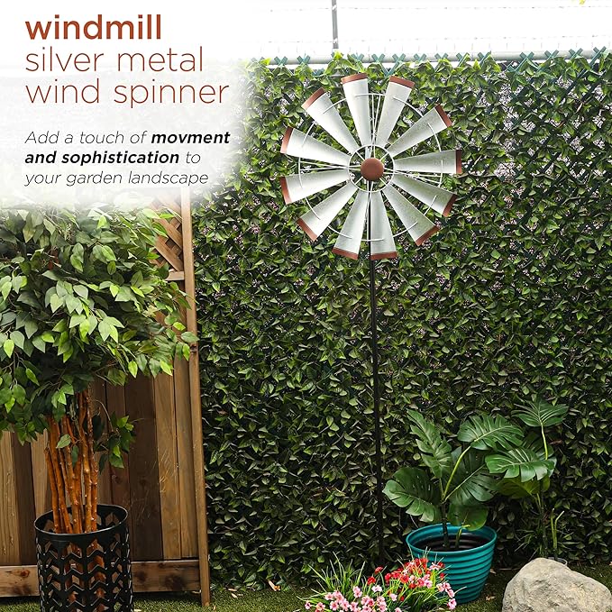 Alpine Corporation 85" Tall Outdoor Metal Wind Spinners, Large Kinetic Windmill, Outdoor Decor, Silver