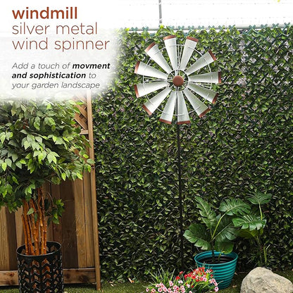 Alpine Corporation 85" Tall Outdoor Metal Wind Spinners, Large Kinetic Windmill, Outdoor Decor, Silver