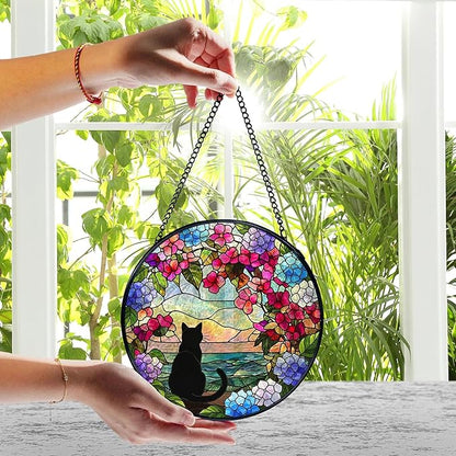 Black Cat Hydrangea Flower Stained Glass Window Hanging, Black Cat Sun Catchers Indoor Window Round Glass Wall Art Decor, Cats Floral Suncatcher Wall Hanging Decorations, Lawn Care