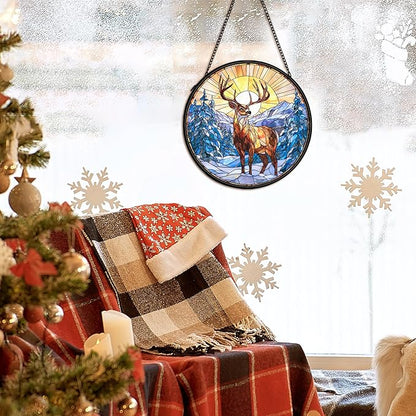 Winter Wonderland Christmas Deer Suncatcher Stained Glass Window Hanging Decorstions, Landscape Stained Glass Wall Decor, Winter Solstice Gifts, Forest Garden Sun Catchers Window Art, 7.9x7.9In